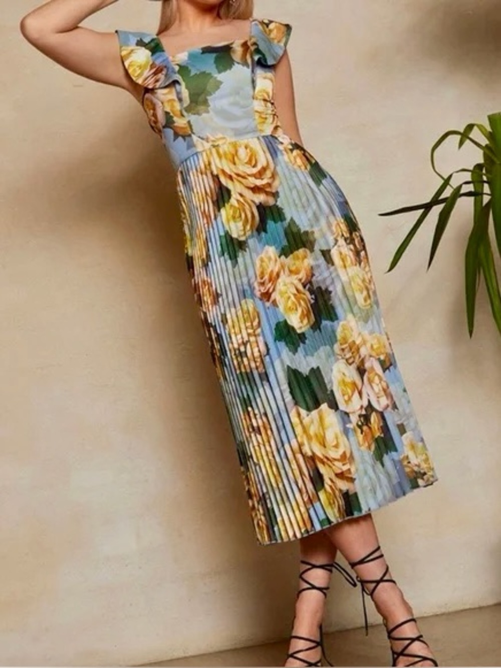 Chi Chi London Blue Floral Pleated Midi Dress with Square Neck, Size US 8; UK 12 - Picture 1 of 14